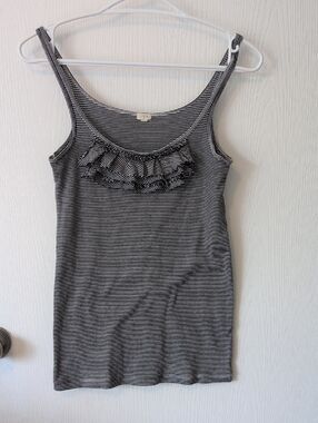 J. Crew Black & White Striped Ruffle Scoop Neck Tank
